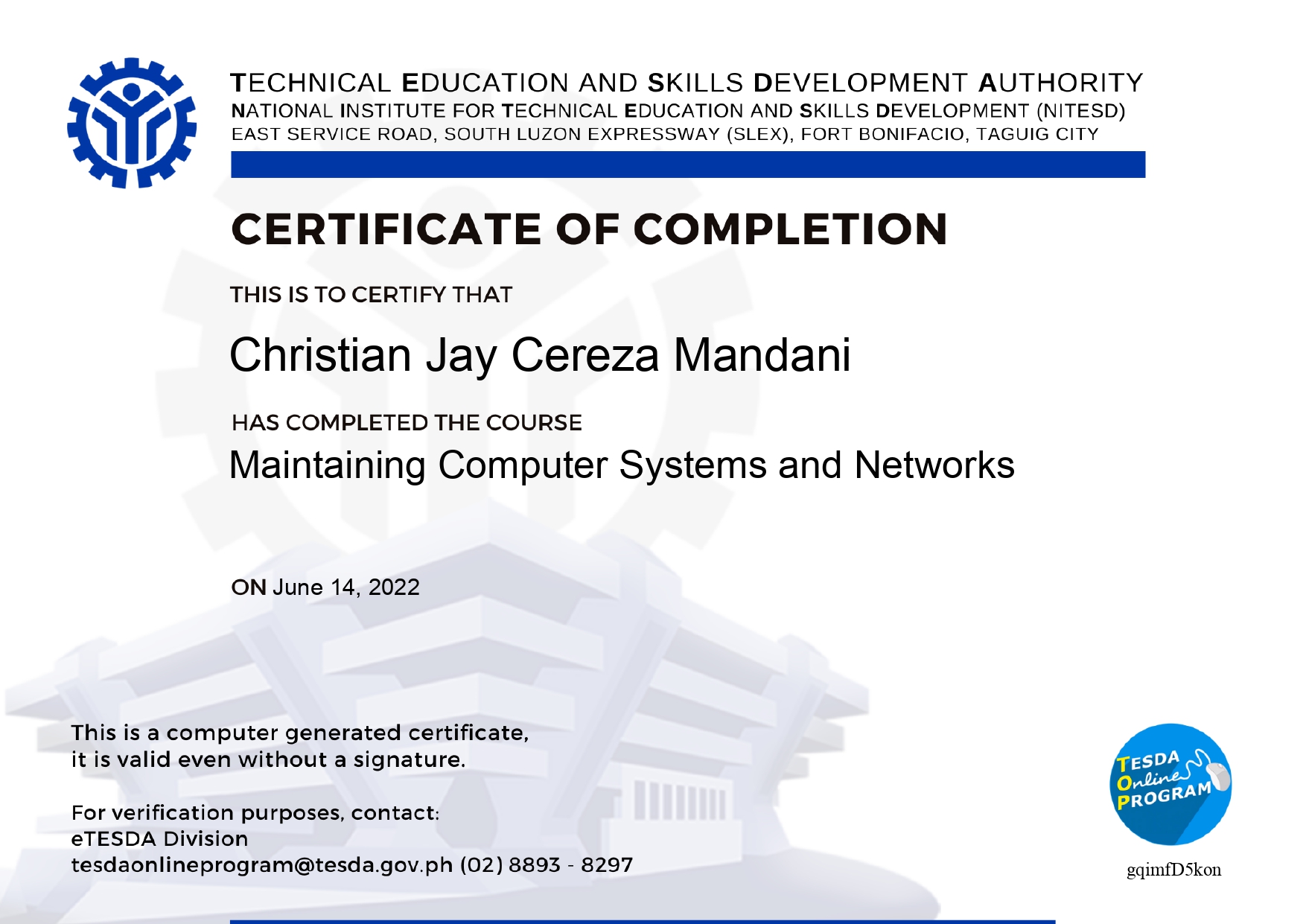 Maintaining Computer Systems and Networks Certificate of Completion